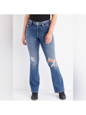 Maurice’s High Rise Flare Denim Jeans Distressed Stretch Size 16 P $70 NWT